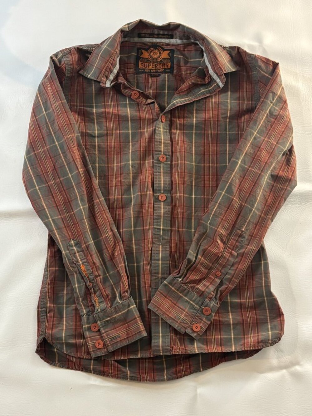 Superdry Mens Plaid Heritage Wash Shirt Long Sleeve Large Red & Gray 100% Cotton
